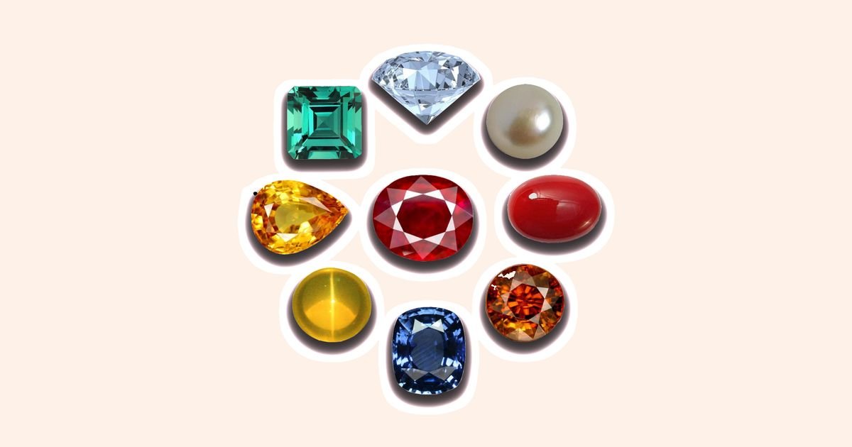 The nine Navaratna gemstones — ruby, pearl, red coral, emerald, yellow sapphire, diamond, blue sapphire, hessonite and cat's eye